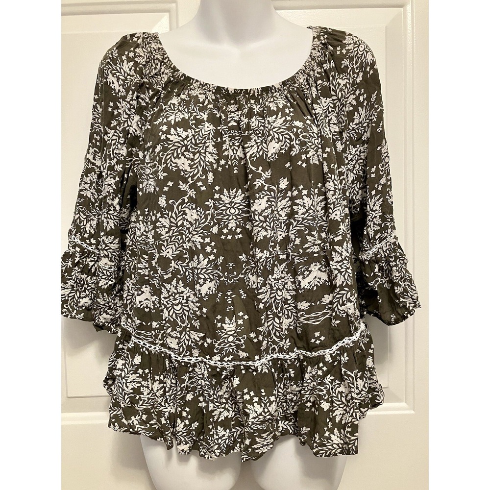 Democracy Peasant Off Shoulder Shirt Green Bell Sleeves Ruffle Women Boho Medium